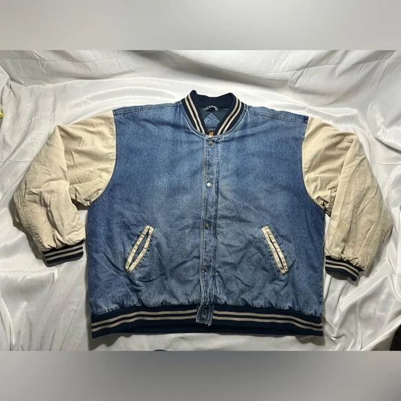 Vintage Route 66 Bomber Varsity Denim & Khaki Two-Tone Jacket XXLARGE 90s XXL - Picture 1 of 16
